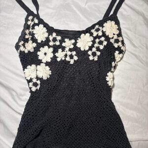 Black and white crochet floral tank